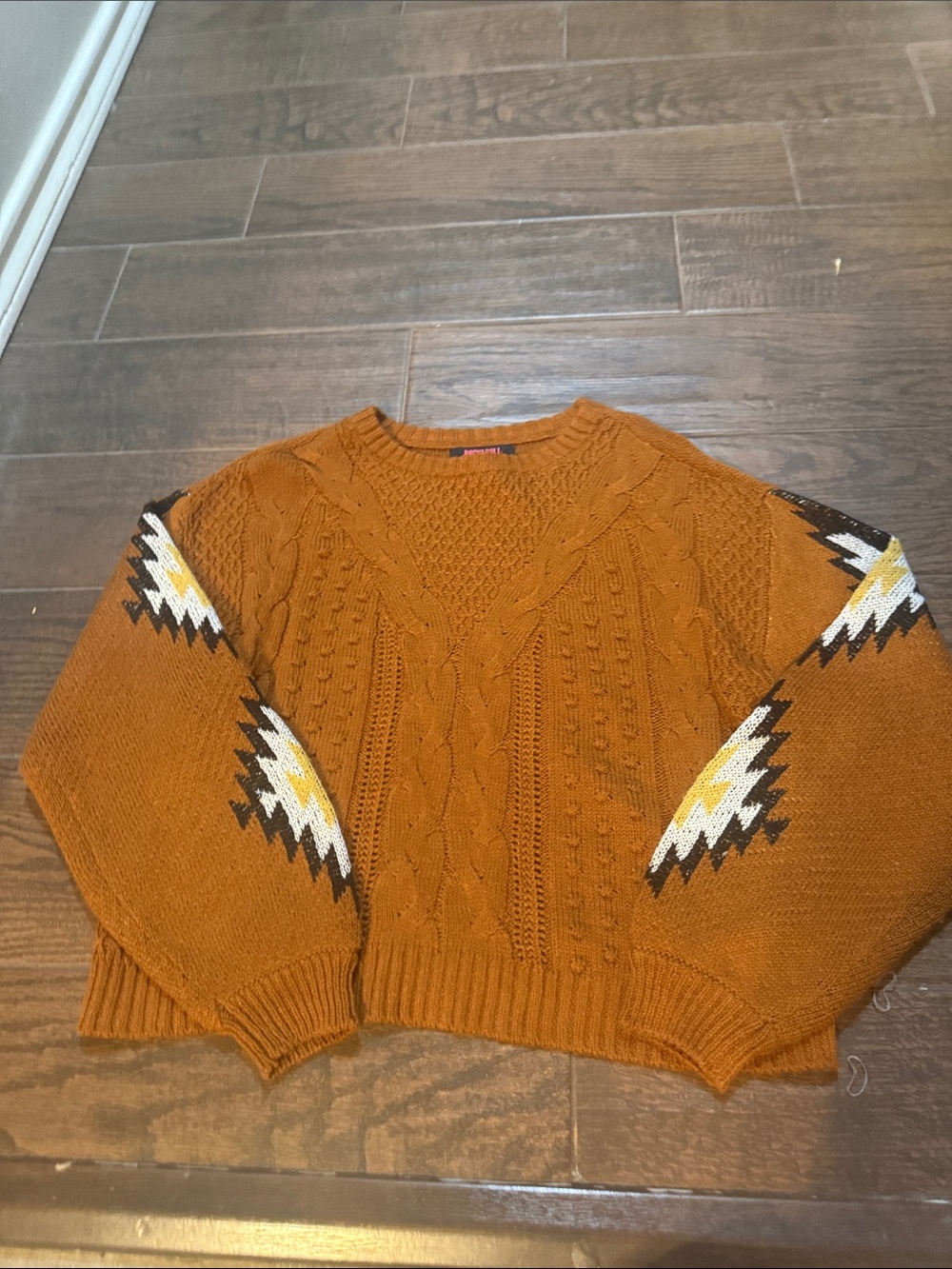 Rust Aztec Cable-Knit Crewneck Sweater
